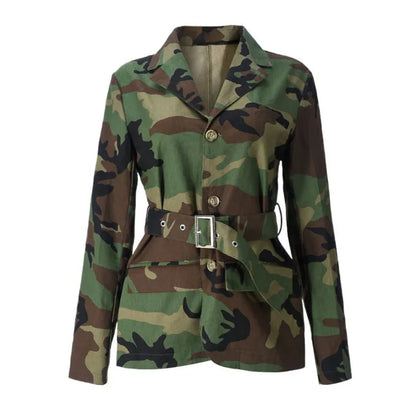 Women Camouflage Coats Belted Jacket Long Sleeves Notch Lapel Collar Single Breasted Slim Streetwear Casual 2025 Spring Autumn