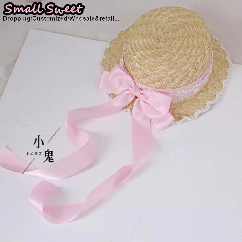 Small Sweet Store Lolita Straw Hat Lolita Princess Lace Bow Ribbon Straw Hat Women Girls Summer Straw Hats Beach Sun Hat