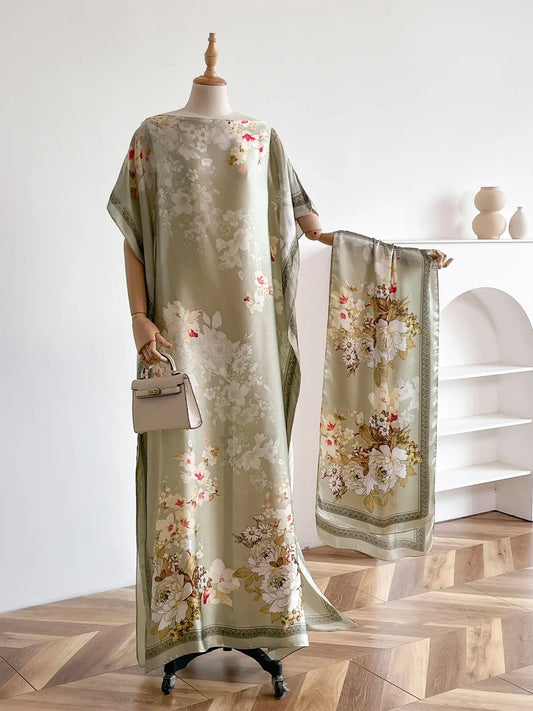 Vintage Peony Floral Print Satin Abaya Scarf Set, Loose Batwing Maxi Kaftan For Muslim Women Summer Holiday Daily Wear