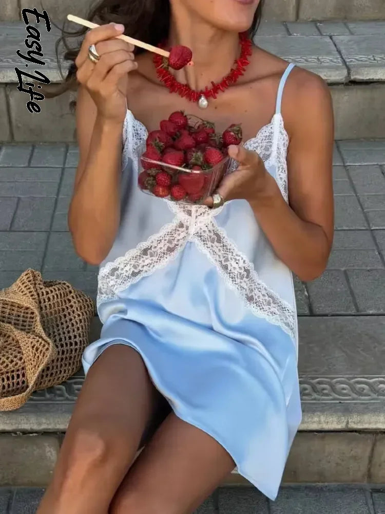 Sexy Blue Satin Lace Slip Mini Dress Women Spaghetti Strap V Neck Hollow Out Bodycon Dresses Lady Summer Beach Short Gown 2026
