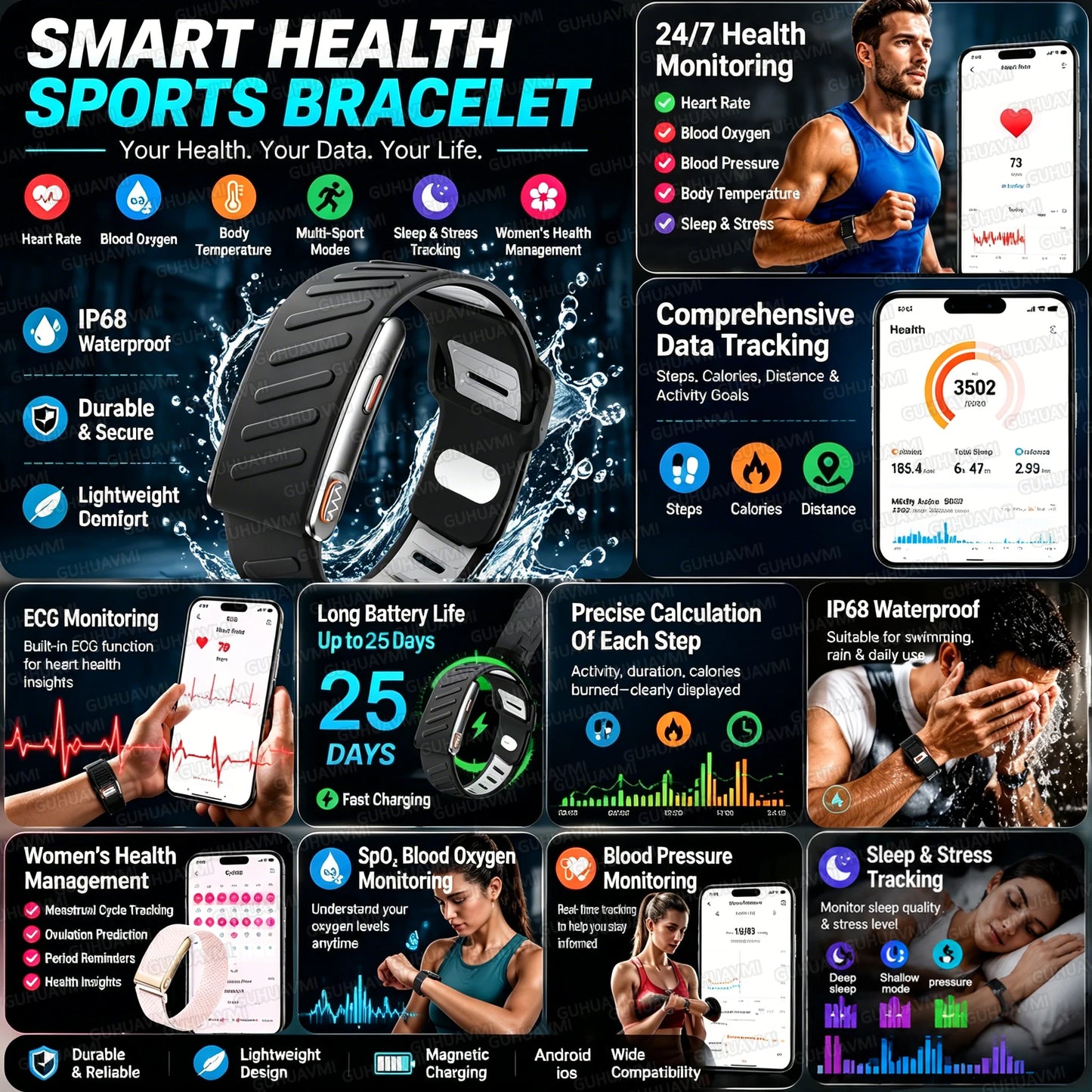 Screenless Smart Bracelet IP68 Waterproof Fitness Tracker Call Reminder 120+ Sport Modes Heart rate Wristband For Men Women
