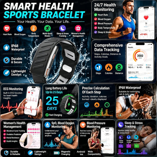 Screenless Smart Bracelet IP68 Waterproof Fitness Tracker Call Reminder 120+ Sport Modes Heart rate Wristband For Men Women