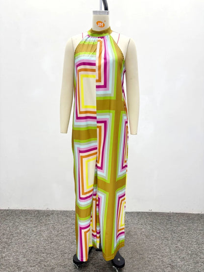 New Design African Fashion Women Jumpsuit Summer Geometric Printed Halter Sleeveless Wide Leg Jumpsuits Oufits Streetwear