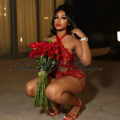 Sexy Red Birthday Dresses For Women Halter Applique Short Party Outfits Beading Mini Cocktail Gowns Vestidos De Gala Customized