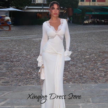 Elegant Mermaid Evening Dress Temperament Lace V-Neck Sweep Train Customized Celebrity Gowns Charming Jersey Prom Dresses