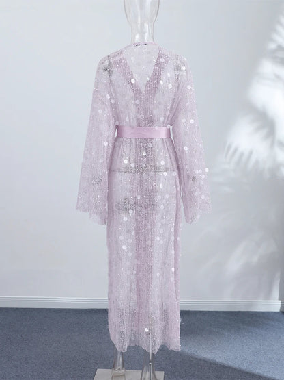 Sequined Hollow Out Long Dress Women Sexy V-neck Full Sleeve Mesh Patchwork Lace Up Cardigan Party Evening Dresses New Beachwear