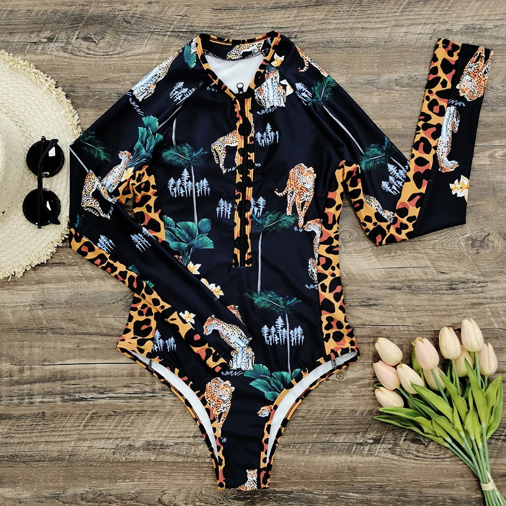 2026 Surfing Sport Swimsuit Long Sleeves Women One Piece Swimsuit  Swimwear Solid Monokini Bathing Suit Tropical Bodysuit Female