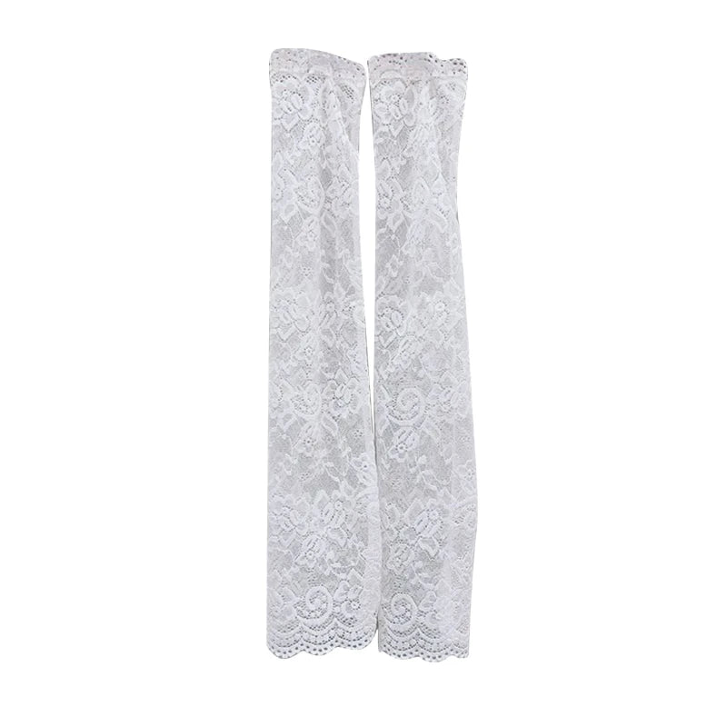 Women Summer Ice Silk Lace Arm Sleeve Elastic Sleeve Driving Gloves Black White Long Fingerless Mittens Sunscreen Gloves