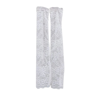 Women Summer Ice Silk Lace Arm Sleeve Elastic Sleeve Driving Gloves Black White Long Fingerless Mittens Sunscreen Gloves