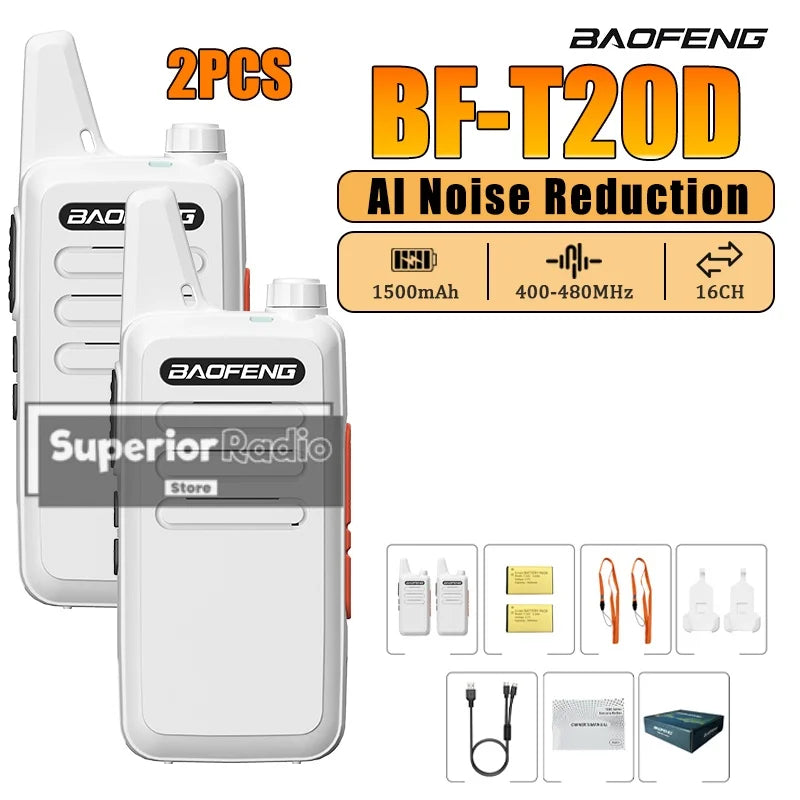 2/4PCS Baofeng BF-T20D Portable Walkie Talkie Type-C Charging 400-480Mhz AI Noise Reduction 16 Channels Mini Two Way Ham Radio