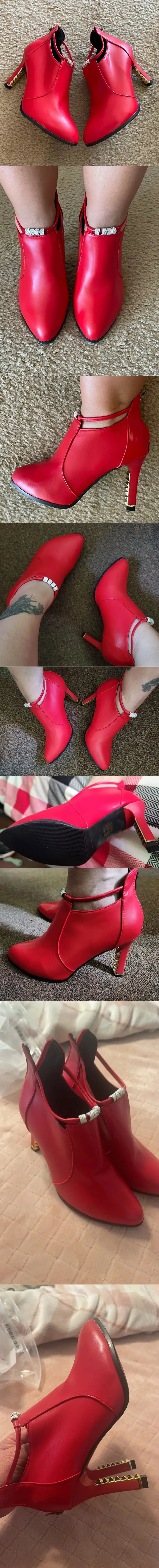 Elegant Red Pointy Toe Office Lady Booties Sexy Black High Heels Boots Classic Thin Heel Ankle Boots Women Dress Shoes