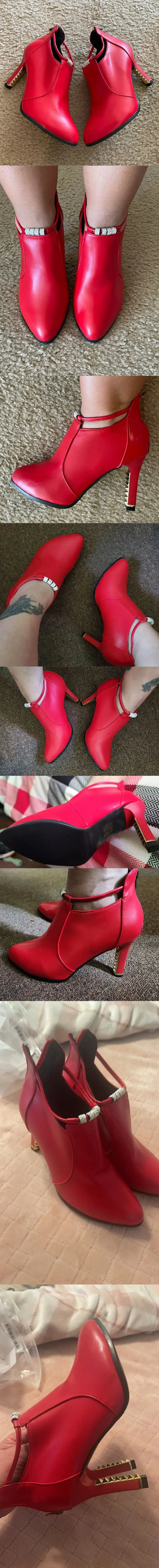 Elegant Red Pointy Toe Office Lady Booties Sexy Black High Heels Boots Classic Thin Heel Ankle Boots Women Dress Shoes