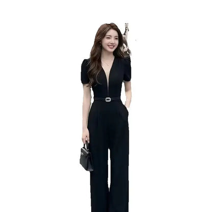 Lazy Style Slimming Short Sleeved Jumpsuit For Women 2026 Summer New Fashion French V-neck Versatile trend Long Women's Rompers