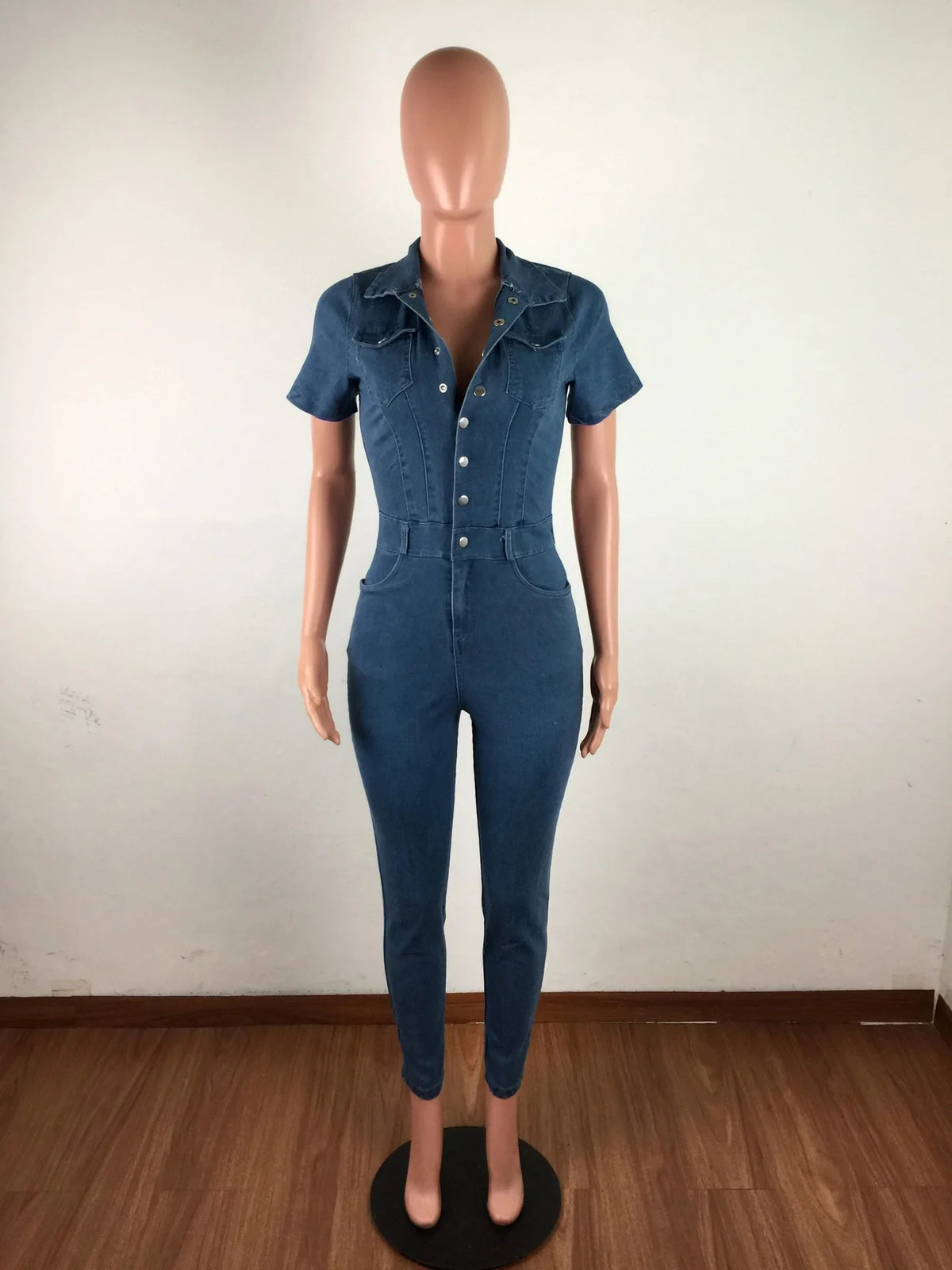 Women's Spring New Sexy Fashion Slim-fit Denim Rompers Short Sleeve Lapel Single Breasted Denim Rompers Pencil Pants Jumpsuit