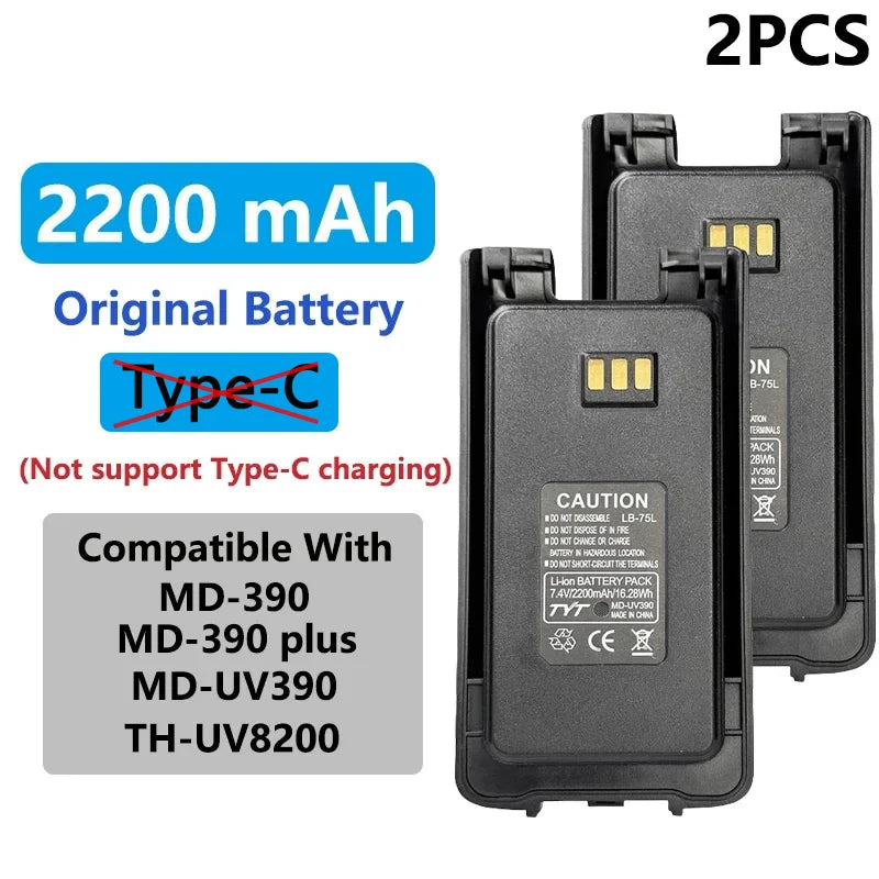 MD-390 Original Battery Enlarge Thicker Battery USB-C Charge 3600mAh Compatible With MD-UV390 MD-390Plus TH-UV8200 Walkie Talkie