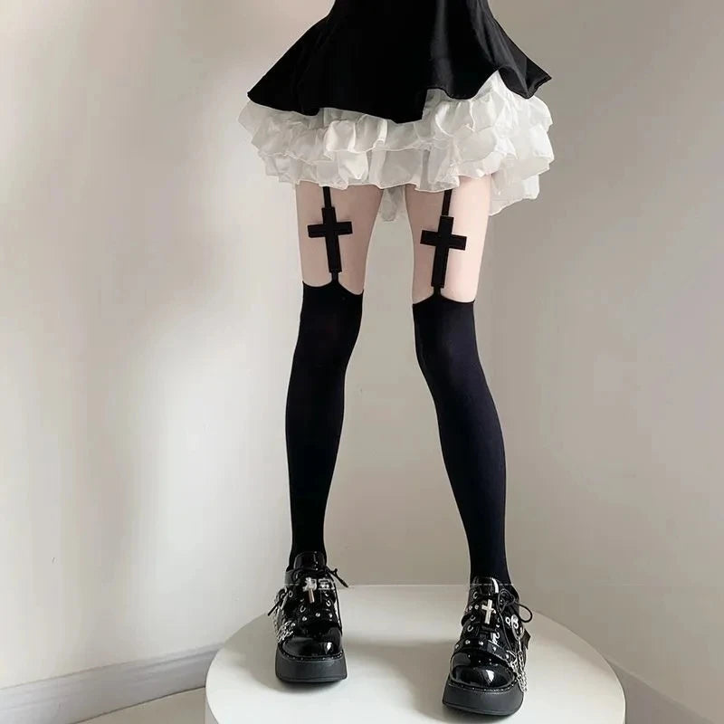 2026 Women Suspender Wide-banded Velvet Tights Lolita Thigh High Stockings with Cross Y2K JK Cosplay Over The Knee Sockings