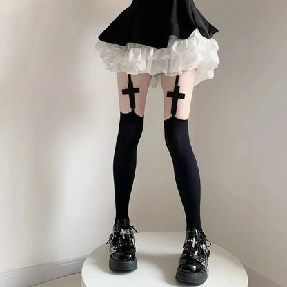 2026 Women Suspender Wide-banded Velvet Tights Lolita Thigh High Stockings with Cross Y2K JK Cosplay Over The Knee Sockings