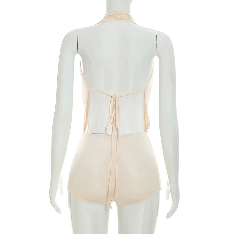 Sexy solid color hanging neck and swinging neck, large backless sleeveless jumpsuit shorts