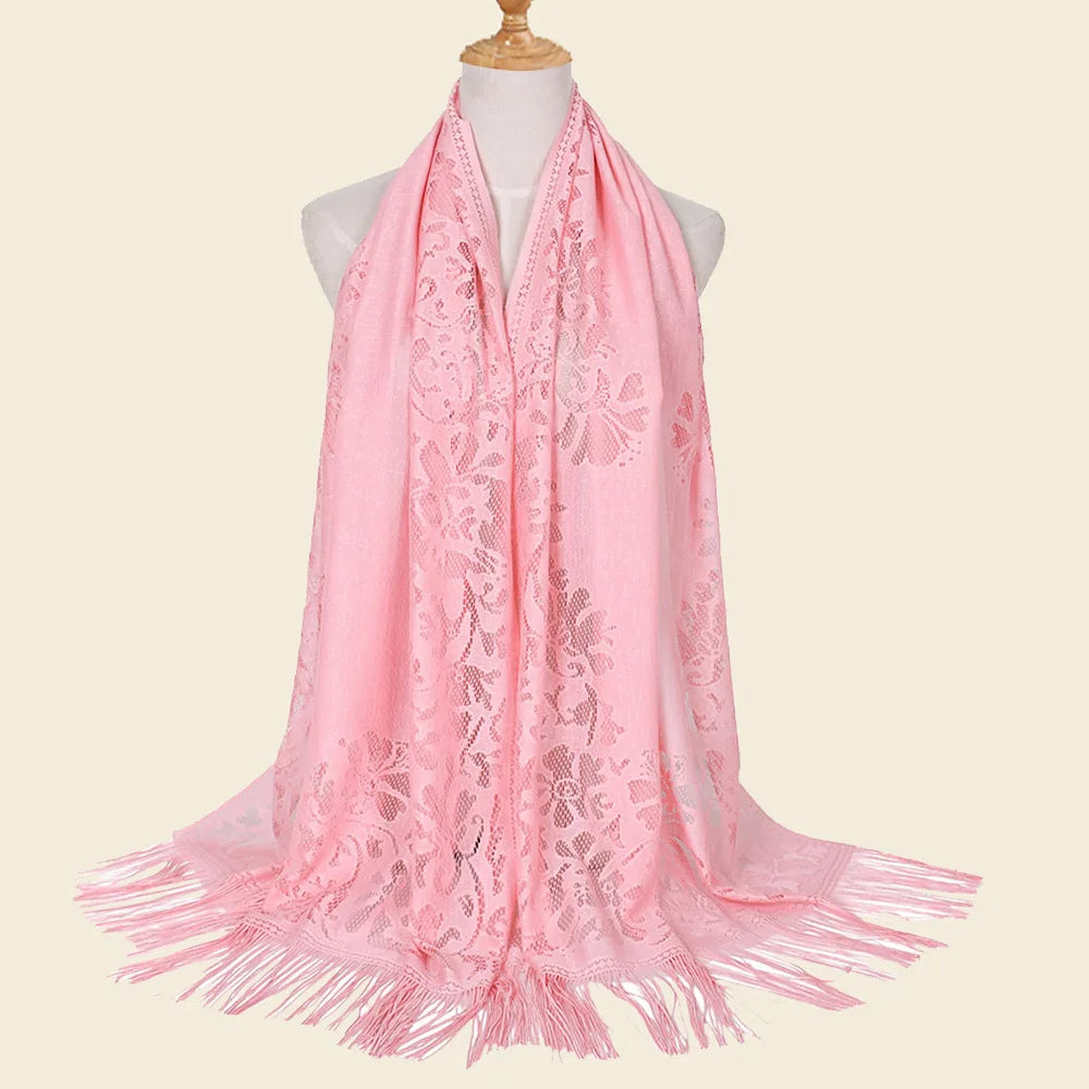 Female Breathable Floral Lace Long Scarf Tassel Fringe Shawl Wrap Flower Headscarf Muslim Hijabs Scarfs Women Headband Bandana