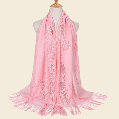 Female Breathable Floral Lace Long Scarf Tassel Fringe Shawl Wrap Flower Headscarf Muslim Hijabs Scarfs Women Headband Bandana