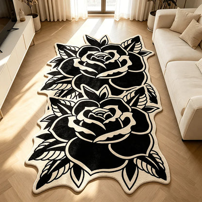 Fashion Retro Black White Rose-Shaped Living Room Carpet Light Luxury Bedroom Bedside Rug Soft Comfortable Floor Mat Home Decor