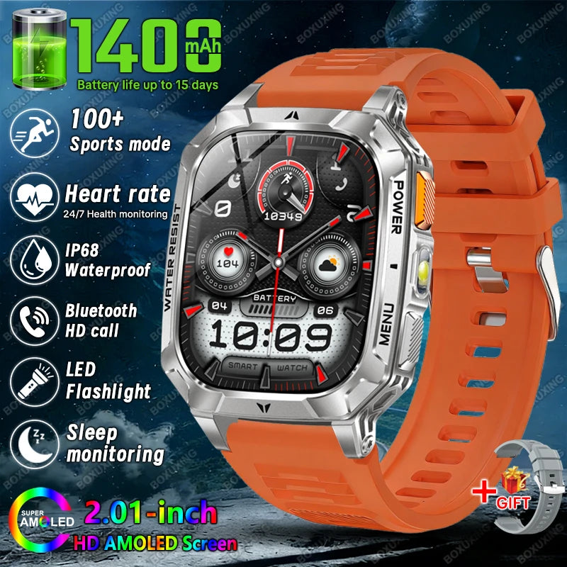 New 1400 mAh Battery Military Smartwatch Men IP68 Waterproof Flashlight Health Monitor Sports Call Smart Watch For iOS Android