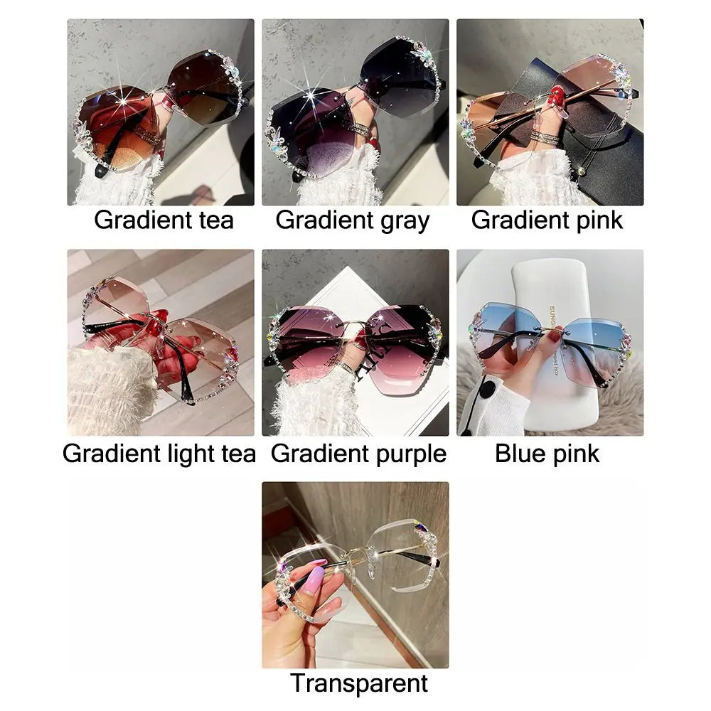 Vintage Cutting Lens UV400 Women Sun Glasses Gradient Rimless Sunglasses Rhinestone Sunglasses