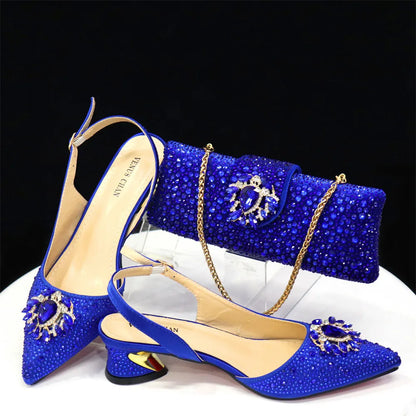 Purple 2024 Italian Design Girly Style Opend Toe Shoes And Bag Full Diamond Decoration with Appliques for Wedding Party