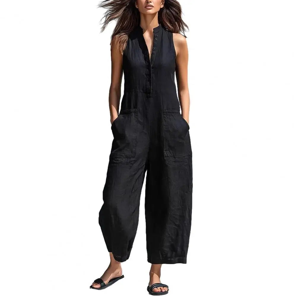 Women's Summer Sleeveless Jumpsuit Button Up Stand Collar Loose One Piece Overalls Wide Leg Long Pants Rompers with Pockets