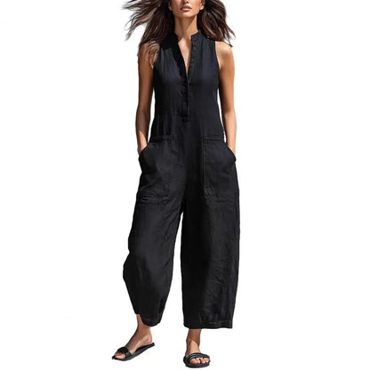 Women's Summer Sleeveless Jumpsuit Button Up Stand Collar Loose One Piece Overalls Wide Leg Long Pants Rompers with Pockets