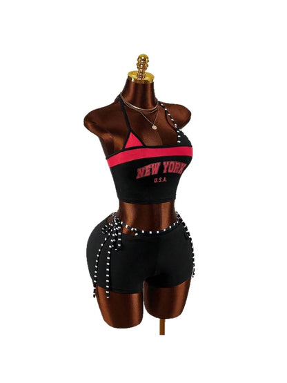 2026 new summer American retro sports Y2K hanging neck shorts two-piece set punk street trend fashion ins personality spicy girl
