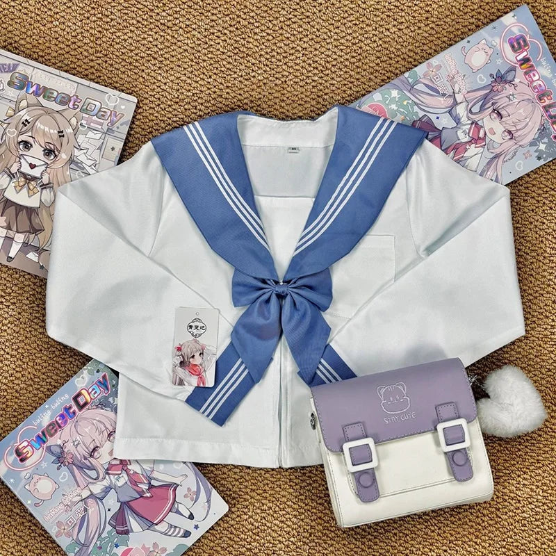 JK Genuine Blue Three-book Sailor Suit Uniform JK Basic College Style Orthodox School Uniform Short Long-sleeved Japanese Suit