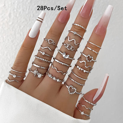 28Pcs Fashion Geometric Knuckle Rings Set For Women Crystal Heart Gold Silver Color Rings Girls  Party Jewelry Accessories