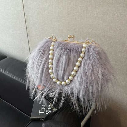 Beading Chain Women's Evening Plush Handbags Faux Fur Tassel Ladies Shoulder Bag Elegant Female Crossbody Bags Party Furry Purse