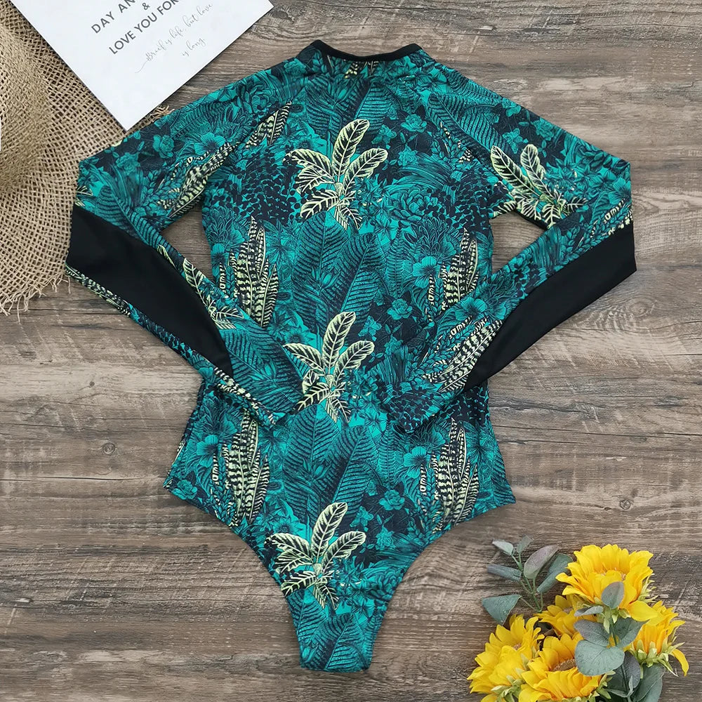 2026 Surfing Sport Swimsuit Long Sleeves Women One Piece Swimsuit  Swimwear Solid Monokini Bathing Suit Tropical Bodysuit Female