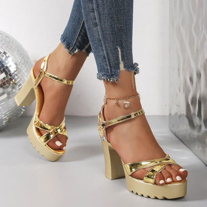 Summer Luxury Diamond Buckle Strap Women's Pumps Square Heel Solid Pumps Shoes Women Fashion Pu Platform High Heels Female