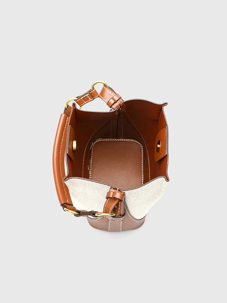Fashion Panelled Canvas Bucket Bag Designer Women Handbags Luxury Pu Leather Shoulder Crossbody Bags with Wide Strap Tote Purses