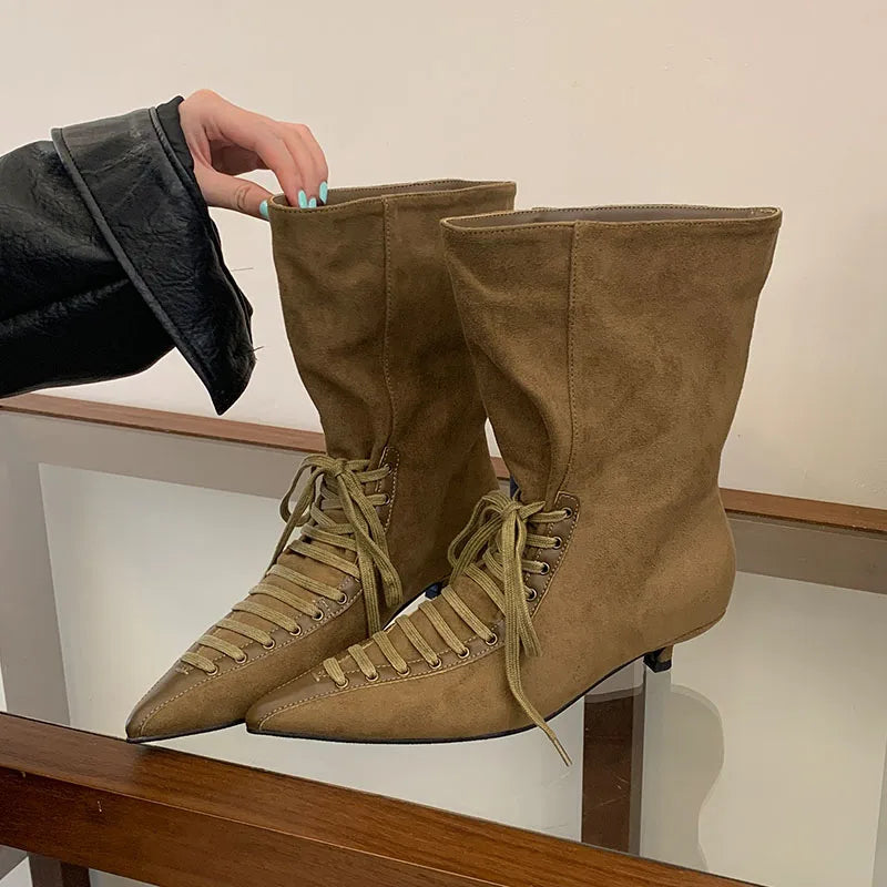 New Fashion Cross-tied Pointed Toe Women Ankle Boots Autumn Winter Thin Low Heels Party Dress Ladies Short Booties Shoes