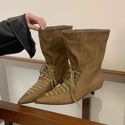 New Fashion Cross-tied Pointed Toe Women Ankle Boots Autumn Winter Thin Low Heels Party Dress Ladies Short Booties Shoes