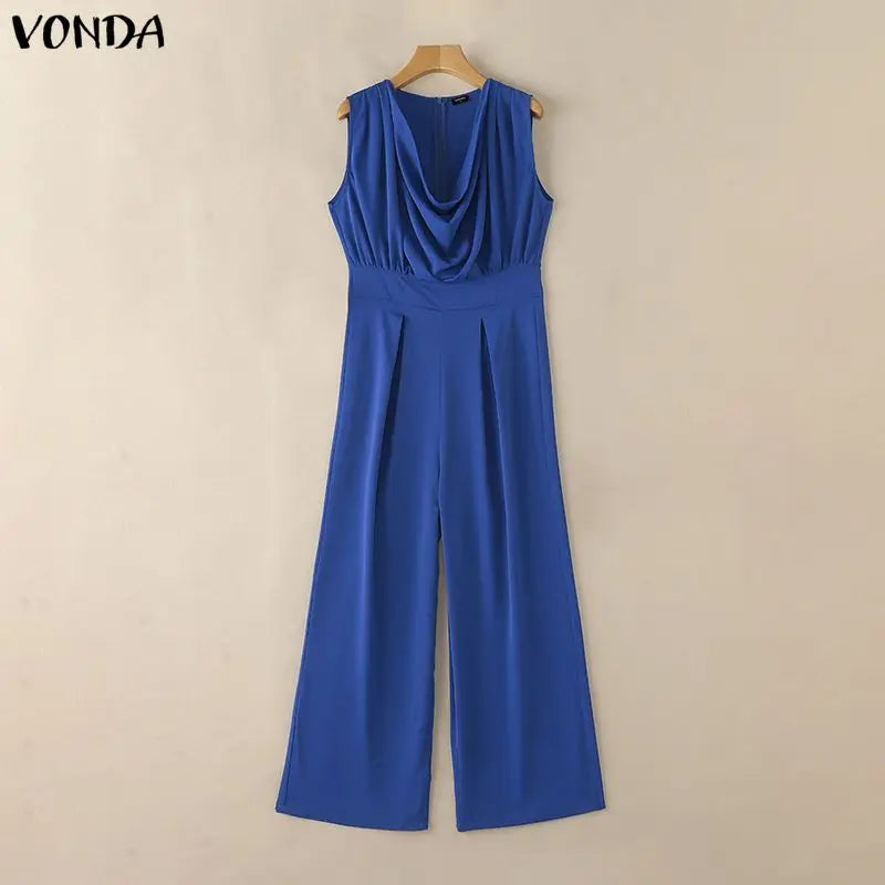 VONDA Summer Women Jumpsuits Sleeveless Fashion Wide Leg  Jumpsuits Rompers Playsuit Elegant OL Work Overalls Solid Trousers