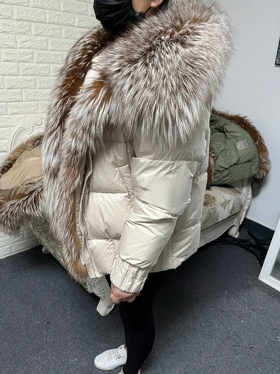 MMK 2023 Winter Women Warm White Duck Down Jacket Natural Real Fox Fur Collar Hood Puffer Coat Thick Luxury Outerwear