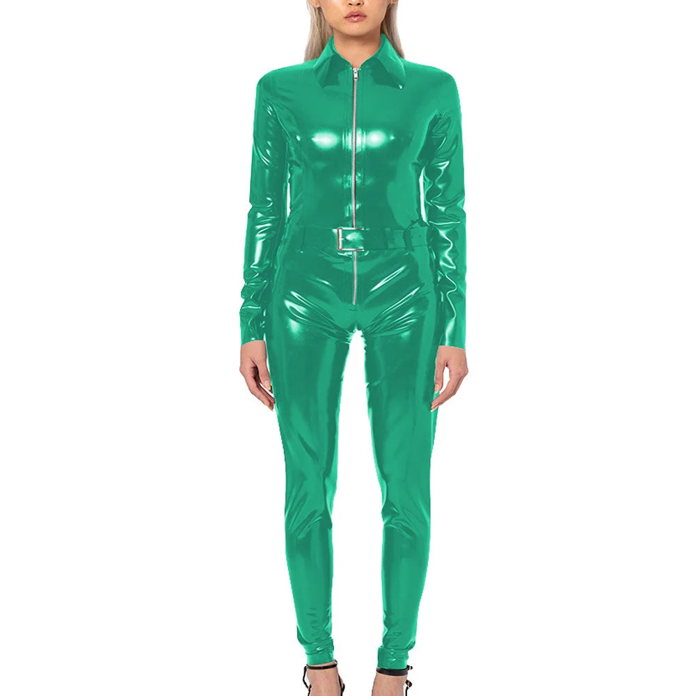 Plus Size Faux Latex Catsuit Elastic PVC Leather Zipper Long Sleeve Jumpsuit Tight Sexy Cosplay Rompers Ankle-length Club Zentai