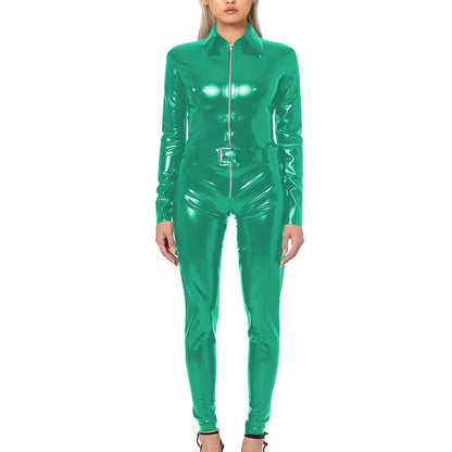 Plus Size Faux Latex Catsuit Elastic PVC Leather Zipper Long Sleeve Jumpsuit Tight Sexy Cosplay Rompers Ankle-length Club Zentai