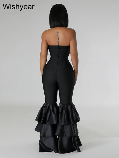 New One Pieces Jumpsuits Women Black Strapless Sleeveless Sexy Rompers Slim Fit Long Ruffles Flare Pant Night Club Even Overalls