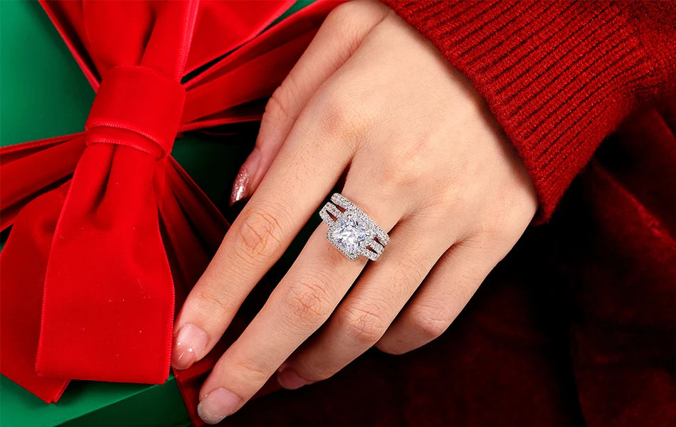 Newshe 2Pcs Solid 925 Sterling Silver Wedding Rings for Women Bridal Set 8*8mm 3CT Princess Cut 5A Cubic Zircon Fine Jewelry