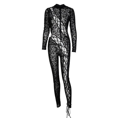 Skinny Hollow Out Cross Bandage Patchwork Jumpsuits Women Leopard Print Retro Fashion Sexy Cleavage Bodycon Party Clubwear Hot