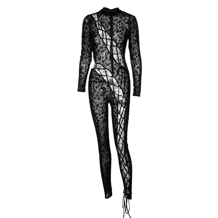 Skinny Hollow Out Cross Bandage Patchwork Jumpsuits Women Leopard Print Retro Fashion Sexy Cleavage Bodycon Party Clubwear Hot