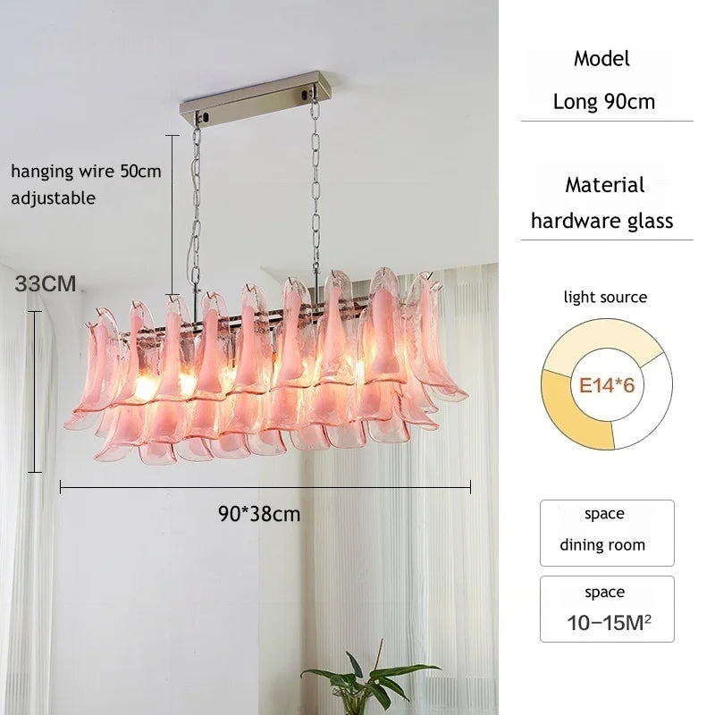 French Murano Petal Glass Chandelier Dining Table Living Room Antique Style Pink Petal Glass Pendant Chandelier Lights Bedroom