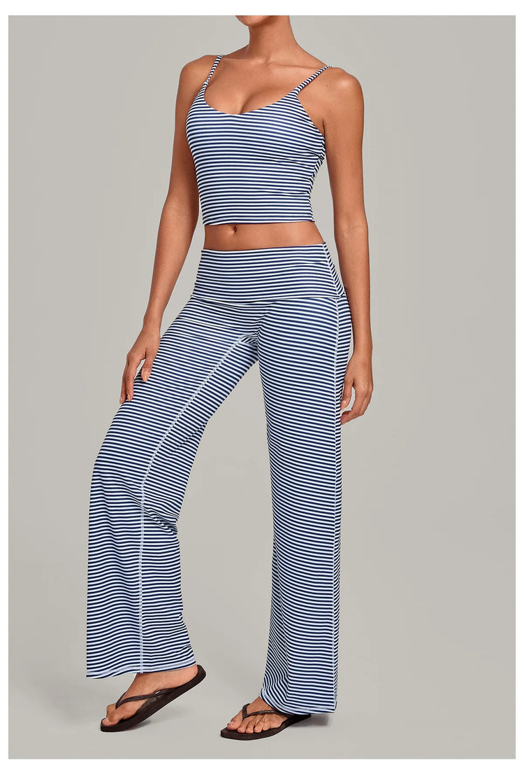 2PCS Stripes And Polka Dots Yoga Suit Women Tracksuits Sports Outfits Gym Clothes Breathable Sports Bra Fitness Flared Pants Set