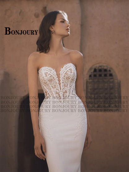 BONJOURY Elegant Wedding Dresses for Bride Off the Shoulder Appliques Trumpet Zipper Court Train Abito Da Sposa Customized